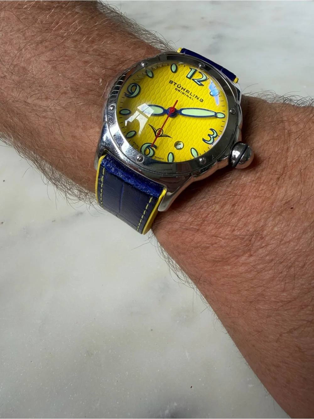 Men’s Stuhrling Yellow Dial Blue Leather Strap Watch